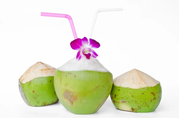 Зелені кокоси з питною соломою ізольовані — стокове фото