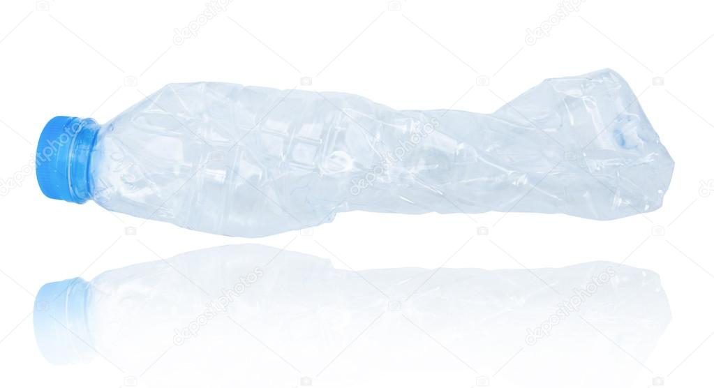 close up of an empty used plastic bottle on white background 