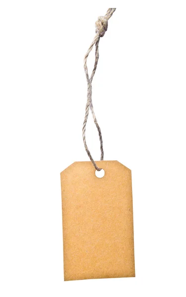 Blank tag tied with brown string isolated against a white backgr — Stock Photo, Image