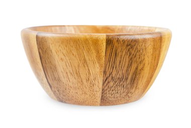 Boş ahşap kase beyaz arka planda izole edilmiş, kırpma yolu.