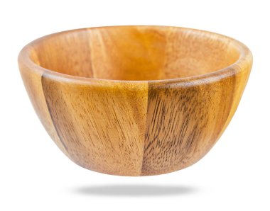 Boş ahşap kase beyaz arka planda izole, kaydedilmiş kırpma yolu.