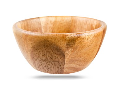 Boş ahşap kase beyaz arka planda izole edilmiş, kırpma yolu.