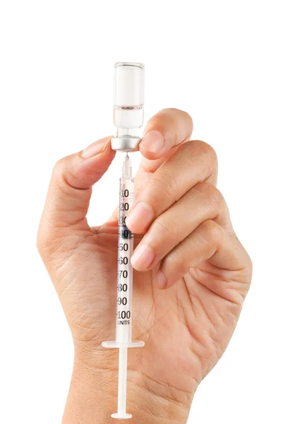 Spuit Medische Injectie Vaccinatie Hand Geïsoleerd Witte Achtergrond Bespaar Clipping — Stockfoto