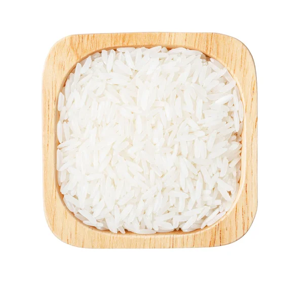 Сырой Белый Рис Деревянной Чашке Изолированы Белом Фоне Сохранить Обрезки — стоковое фото