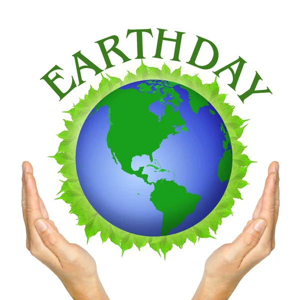 Hands and globe on leaves and wording Earthday — Stock Photo, Image