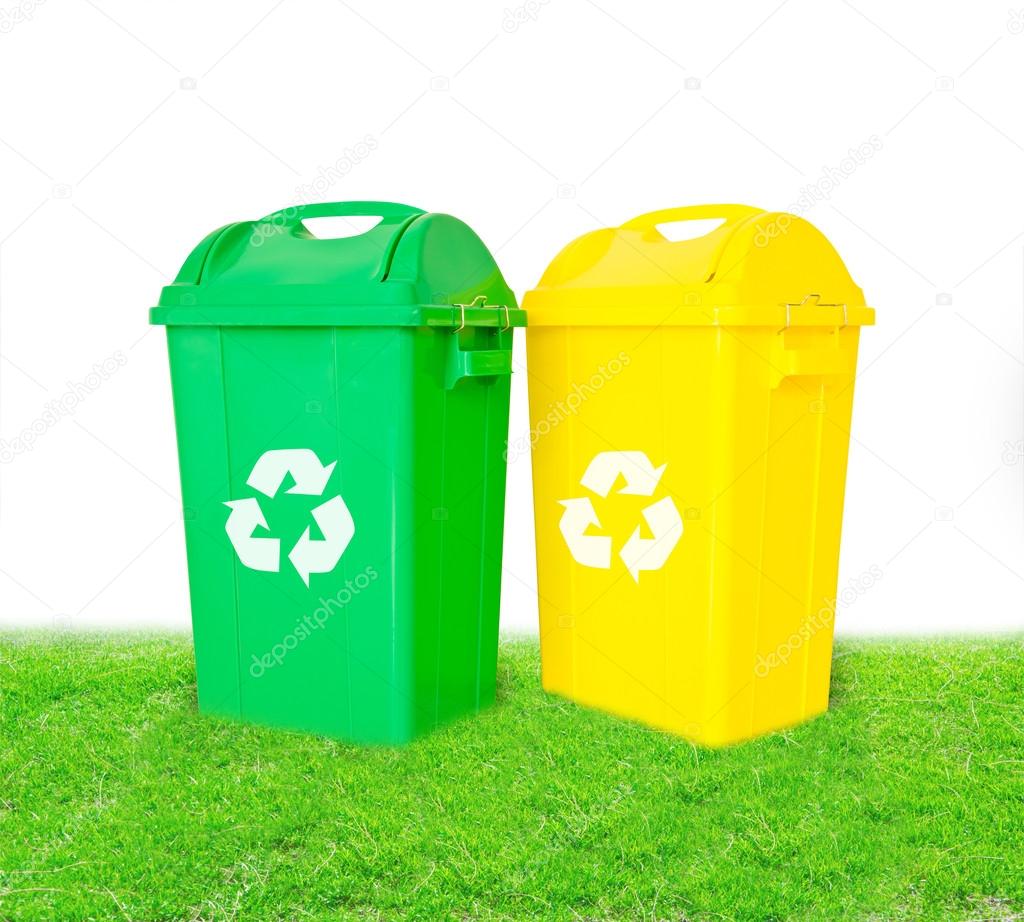 Green and yellow plastic trash recycling container with recycle 