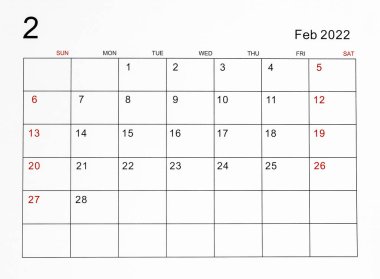 Şubat 2022 takvim şablonu.