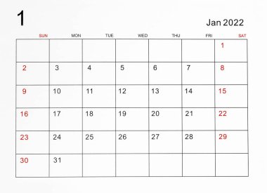 Ocak 2022 takvim şablonu.