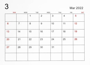 Mart 2022 takvim şablonu.
