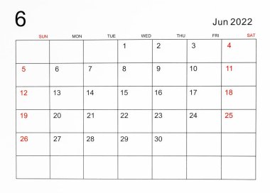 Haziran 2022 takvim şablonu.