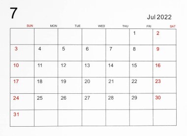 Temmuz 2022 takvim şablonu.
