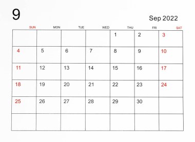 Eylül 2022 takvim şablonu.