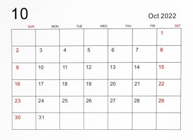 Ekim 2022 takvim şablonu.