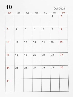 Ekim 2021 dikey takvim şablonu.