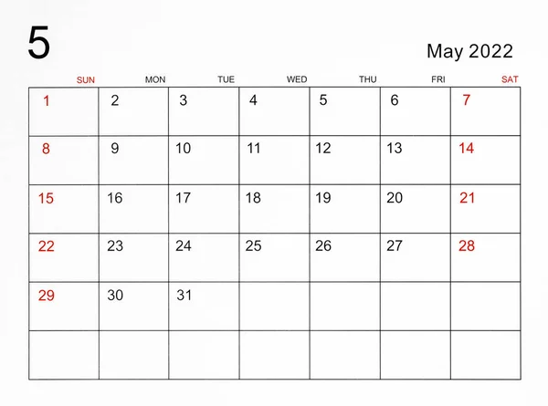 Szablon Kalendarzowy Maja 2022 — Zdjęcie stockowe