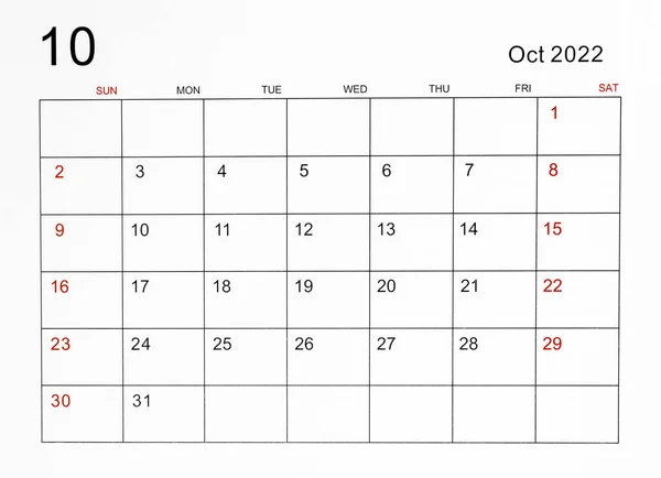 Modelo Calendário Outubro 2022 — Fotografia de Stock