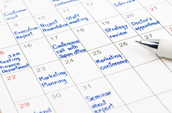 Programación Citas Mano Hoja Calendario Con Pluma —  Fotos de Stock