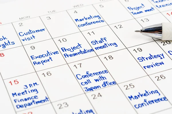 Handschrift Planning Afspraken Kalenderblad Met Pen — Stockfoto