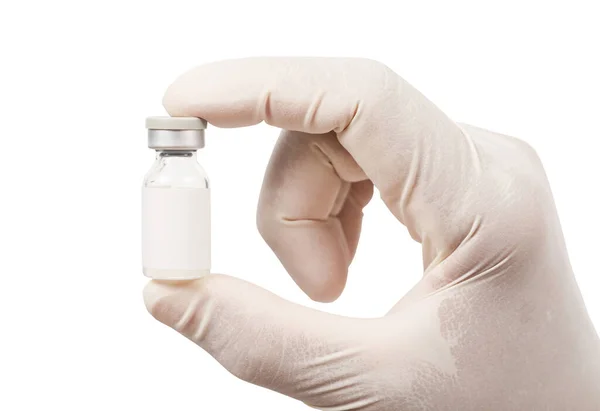 ワクチンボトルを持っている医療従事者手袋医療で手にバイアル 白い背景に隔離され クリッピングパスを保存する — ストック写真
