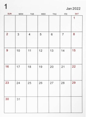 Ocak 2022 takvim şablonu.