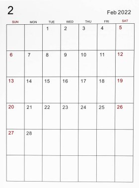 Şubat 2022 takvim şablonu.