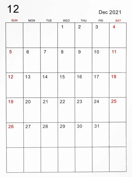 Plantilla Del Calendario Diciembre 2021 — Foto de Stock