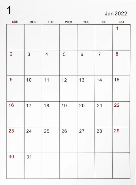 Plantilla Del Calendario Enero 2022 — Foto de Stock