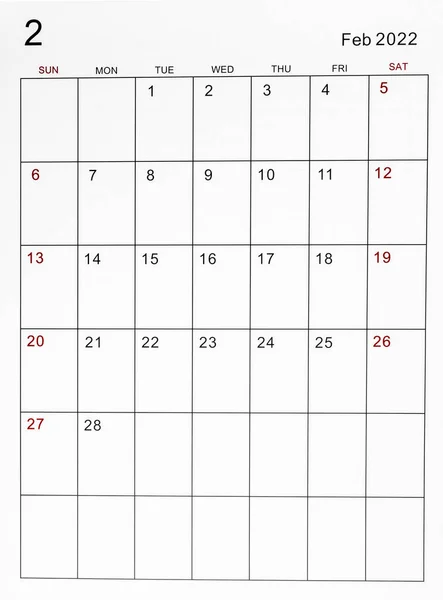 Kalendermallen För Februari 2022 — Stockfoto
