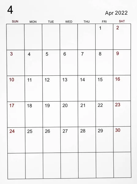 Šablona Kalendáře Duben 2022 — Stock fotografie