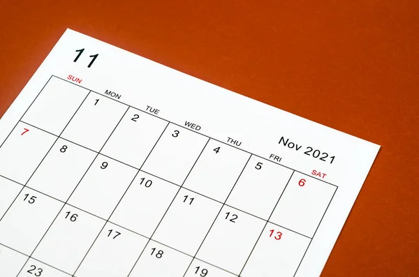 Close November 2021 Calendar Sheet Red Background — Stock Photo, Image
