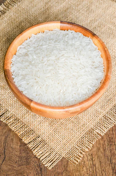 Organic Thai Jasmine Rice Grain Wooden Bowl Preparing Cooked — Stock Photo, Image