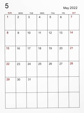 Mayıs 2022 takvim şablonu.