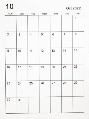 Ekim 2022 takvim şablonu.