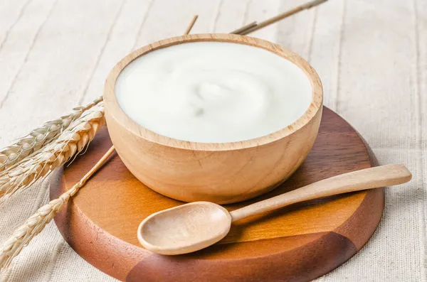 Greek Yogurt Wooden Bowl Dry Barley Tablecloth — Stock Photo, Image