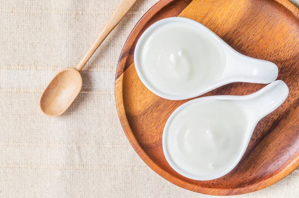 Greek Yogurt Wooden Bowl Dry Barley Tablecloth — Stock Photo, Image