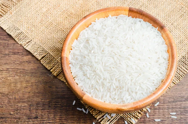 Organic Thai Jasmine Rice Grain Wooden Bowl Preparing Cooked — Stock Photo, Image