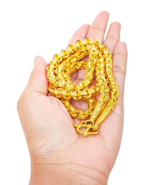 Guld Armband Handen Isolerad Vit Bakgrund Spara Klippning Väg — Stockfoto