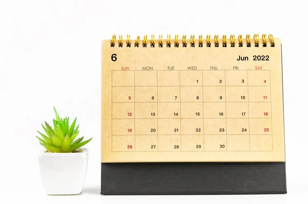 Juni 2022 Bureaukalender Met Plantenpot Houten Tafel — Stockfoto