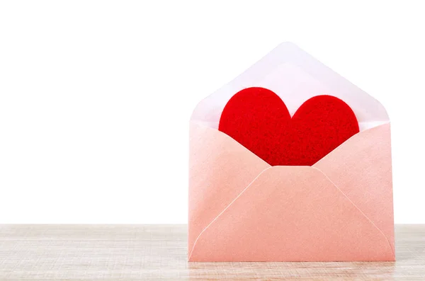 Tecido Forma Coração Vermelho Envoltório Rosa Fundo Madeira Conceito Valentine — Fotografia de Stock