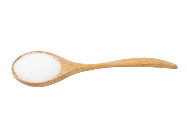 在白色背景上隔离的木制勺子中的谷氨酸单糖 节省剪切路径 — 图库照片