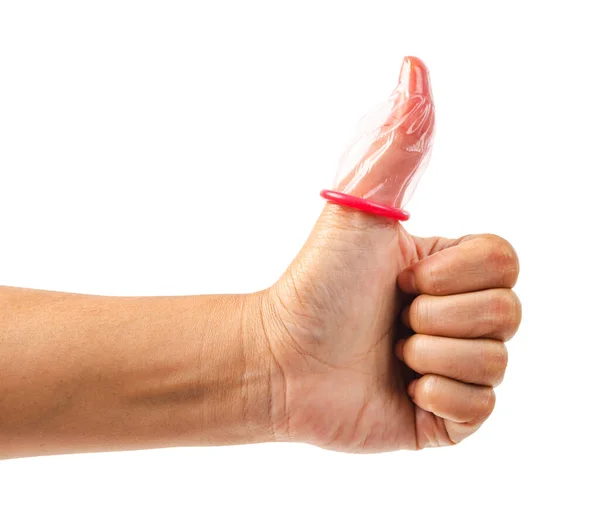 Dedo Bajo Preservativo Rosa Aislado Sobre Fondo Blanco Guardar Ruta — Foto de Stock