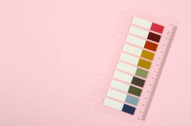 Pembe zemin üzerinde cetvel bulunan çok renkli kağıt indeksi yapış yapış notu kümesi.