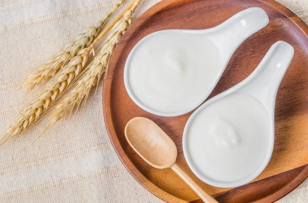 Greek Yogurt Wooden Bowl Dry Barley Tablecloth — Stock Photo, Image