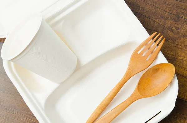 Set Container Food Boxs Made Bagasse Wooden Background — Stock Photo, Image