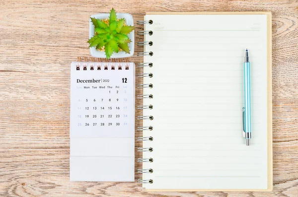 December 2022 Desk Calendar Blank Diary Pen Wooden Table — Fotografia de Stock