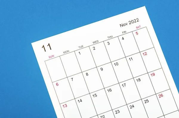 Close November 2022 Calendar Sheet Blue Background — Stockfoto