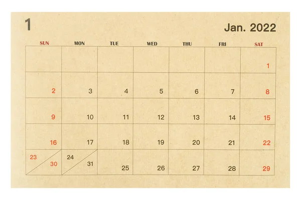 January 2022 Brown Calendar Made Recycled Paper Isolated White Background — Zdjęcie stockowe