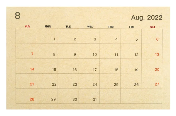 August 2022 Brown Calendar Made Recycled Paper Isolated White Background — ストック写真