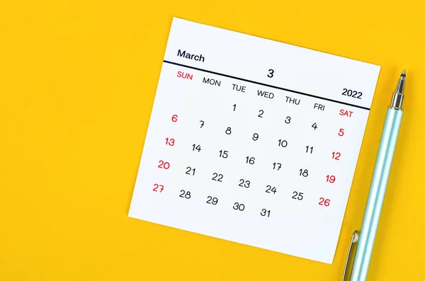 March 2022 Calendar Yellow Background — Fotografia de Stock