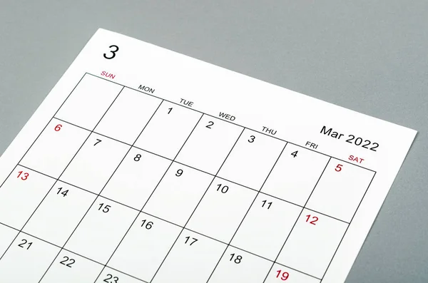 Close Marchl 2022 Calendar Sheet Grey Background — Fotografia de Stock